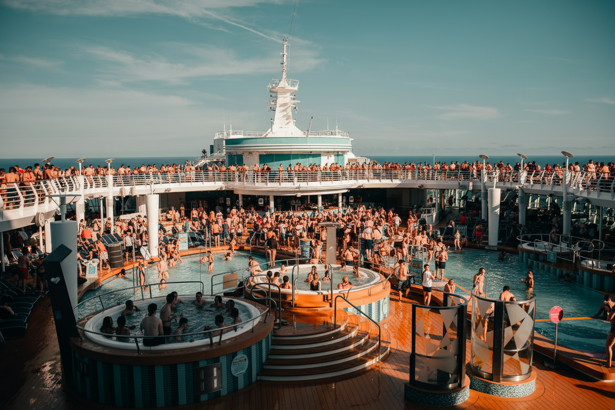 Cruise ship pool deck party with guests enjoying entertainment during the day
