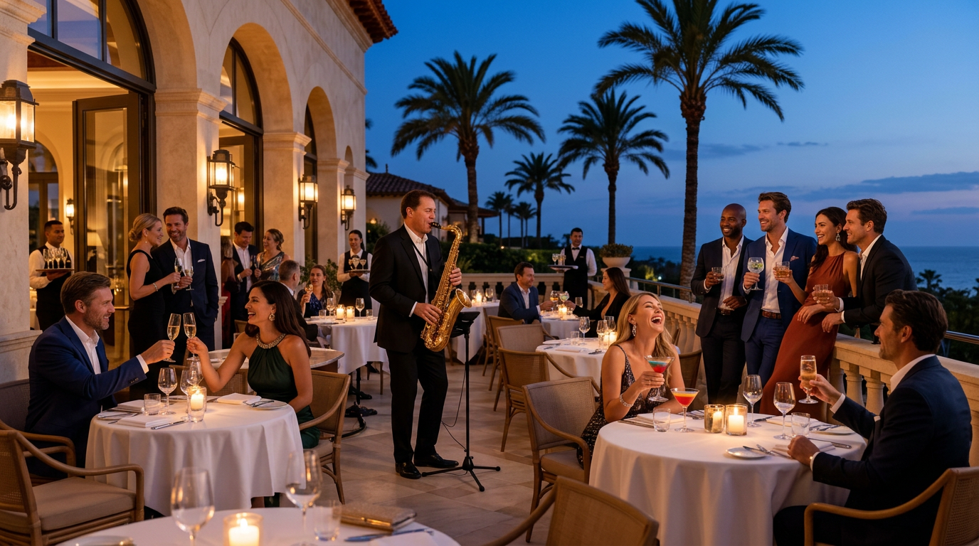 Live saxophone musician performing at a luxury hotel terrace during evening dinner service with Mediterranean views