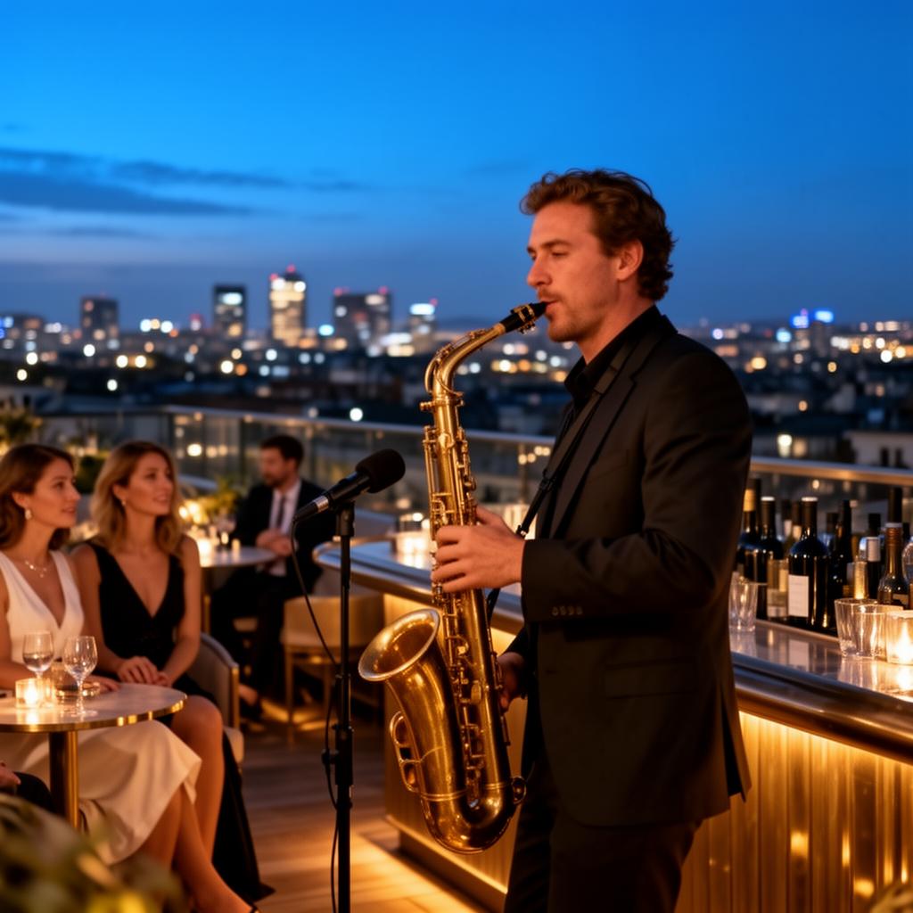 Live saxophonist performing at a luxury rooftop venue during blue hour